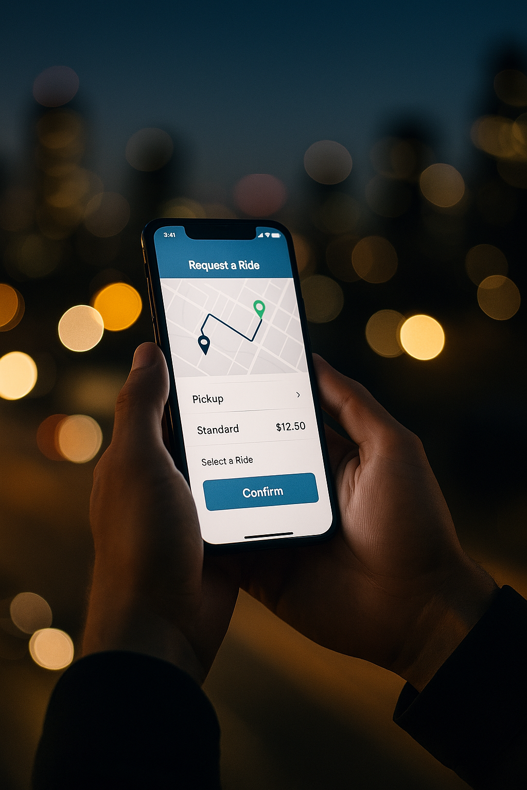 Hand holding a smartphone showing the Drimov ride app against a city-at-night background